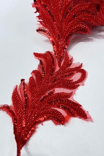 Limelia Red Bead Embroidered Leaf Pattern Wide Ribbon Applique 1 Meter