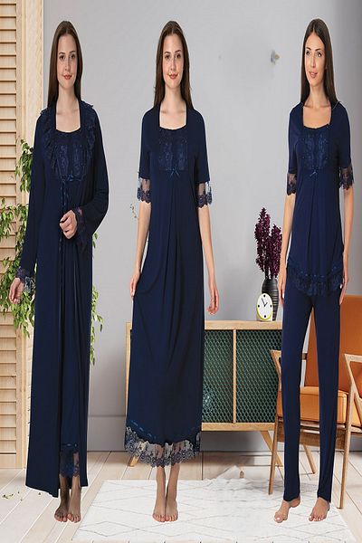 Puerpera Effortt Lace Detailed Maternity Nightgown, Dressing Gown and Pajamas Set 6036