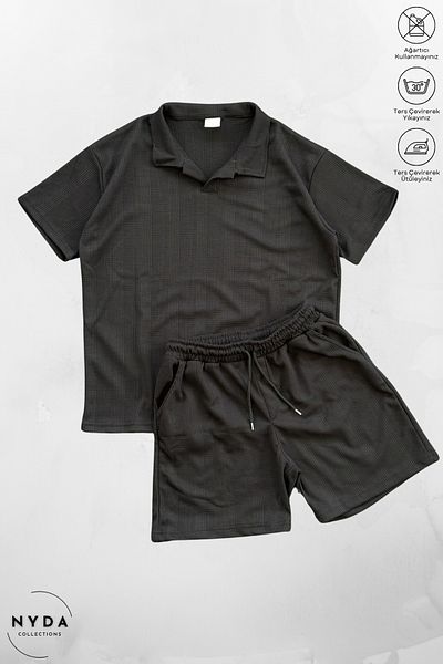 Nyda Collections Cotton Honeycomb Fabric Patterned Men's Women's Unisex Polo Neck T-Shirt and Shorts Set with Pockets Set of 2