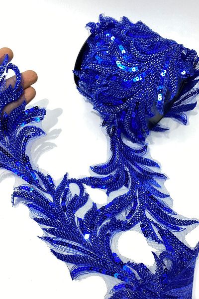 Limelia Saks Blue Bead Embroidered Leaf Pattern Wide Ribbon Applique 1 Meter