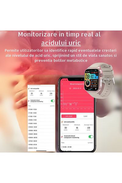 Lommad ® Smartwatch, 1.96" Display, Uric Acid Monitoring, Blood Sugar, Blood Pressure, Beige-Pink