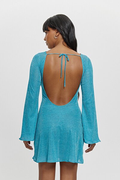 Louren Sırt Dekolteli Mini Elbise – Turkuaz Renkli