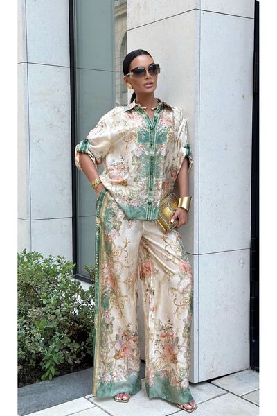 WellWay Vászonszövet ing és nadrág 2 részes szett-zöld virágos-2739