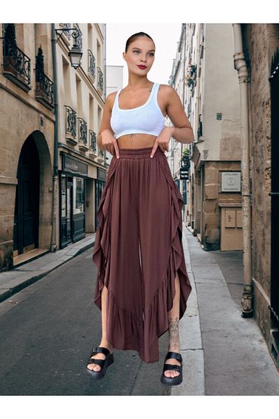 BEES JEANS Бохемски стил, висока талия, дълбок страничен цеп, асиметричен крой с волани, ежедневни панталони с пола