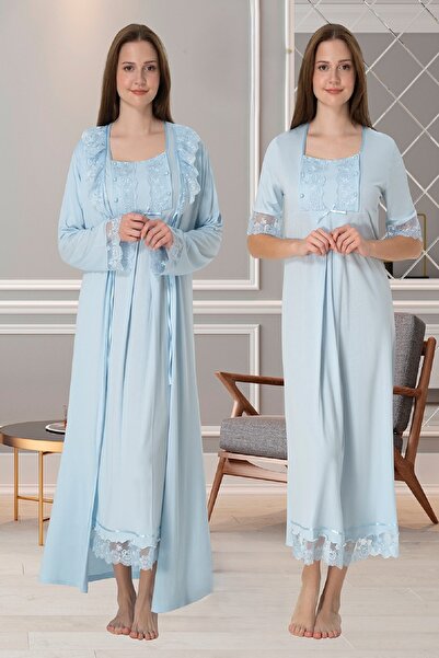Puerpera Effortt Lace Detailed Maternity Nightgown and Dressing Gown 6035