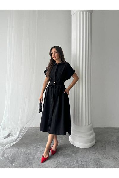 S&A Collectionn Women's Shirt Collar Button Belted Short Sleeve Knee-Length Dress