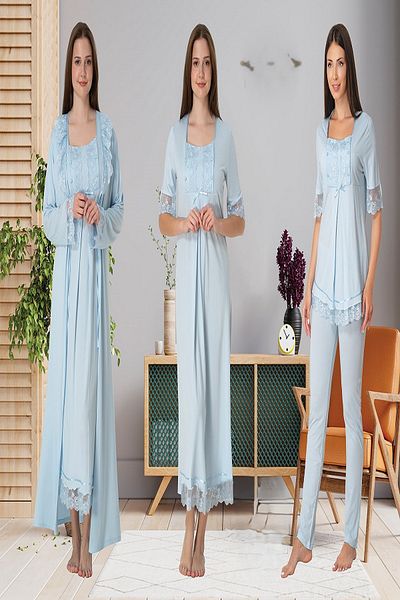 Puerpera Effortt Lace Detailed Maternity Nightgown, Dressing Gown and Pajamas Set 6036