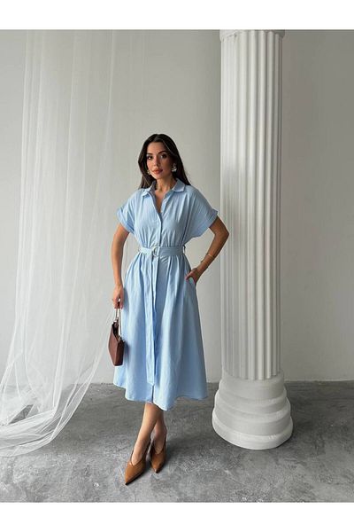 S&A Collectionn Women's Shirt Collar Button Belted Short Sleeve Knee-Length Dress