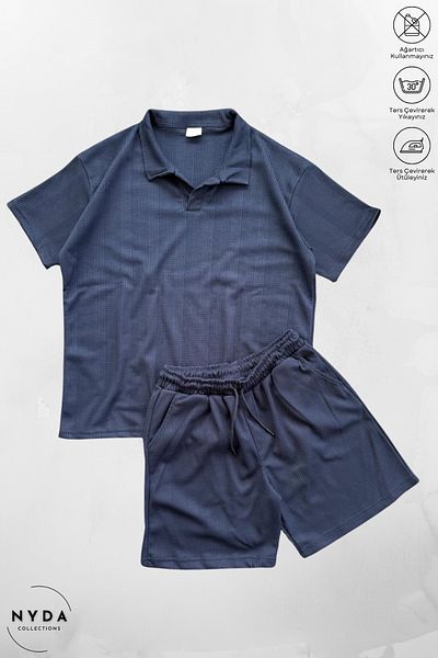Nyda Collections Cotton Honeycomb Fabric Pattern Men Women Unisex Polo Neck T-Shirt and Shorts Set Set of 2