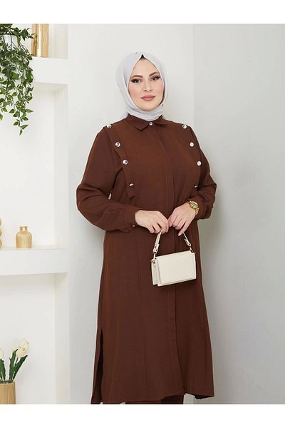 EFSUN MODA Σετ πουκάμισο μεγάλου μήκους Battal Tested - Καφέ