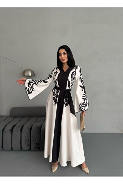 WellWay Atlas Kumaş Mendil Kol Çiçek Desenli Elbise (KEMER DAHİLDİR)-Sİyah-2507