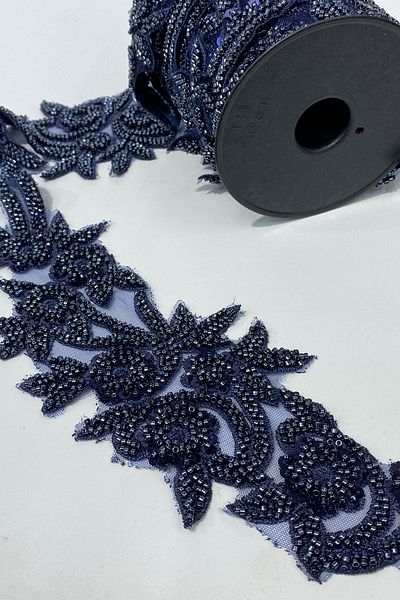 Limelia Navy Blue Bead Embroidered Flower Pattern Wide Ribbon Applique 1 Meter