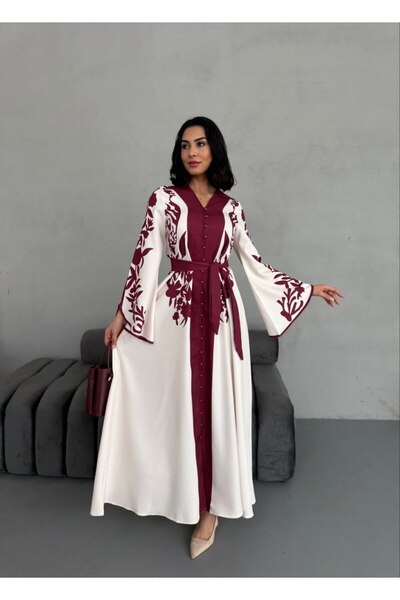 WellWay Rochie cu mâneci cu mâneci din țesătură Atlas cu modele florale (CURE...