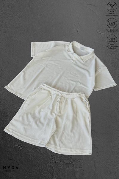 Nyda Collections Cotton Honeycomb Fabric Pattern Men Women Unisex Polo Neck T-Shirt and Shorts Set Set of 2