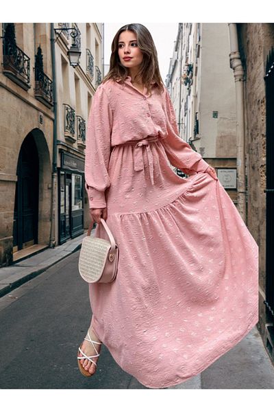 BEES JEANS Rochie maxi vintage în formă de A, cu mâneci balon, cu talie din țesătură texturată pentru femei - potrivită pentru hijab - 700-3550