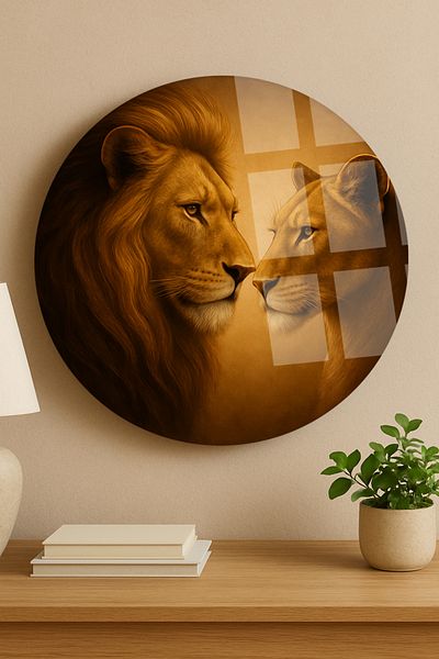 TAULART LOVED LIONS ДИЗАЙН С ЖЕНЕНИ ЛЪВОВЕ НЕЧУПЕЩА КРЪГЛА СТЪКЛЕНА МАСА ЛУКСОЗЕН ПОДАРЪК ЗА ДОМА УЛТРА ЯРКА ЦВЕТНА