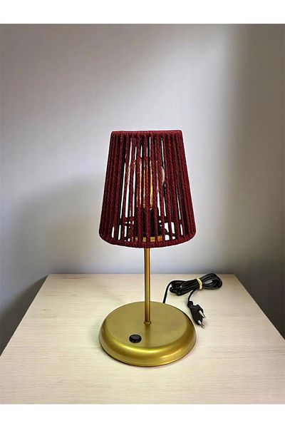 CONANA Lyris - Macrame Lampshade, Mini Table Lamp (Claret Red Head, Gold Foot)