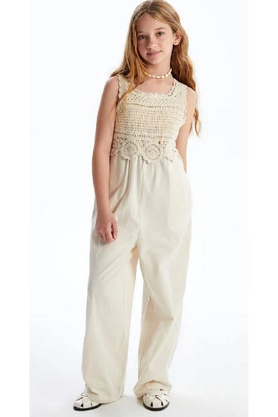 LC Waikiki Lcw Kids Beige Square Collar Lace Detail Linen Blend Girls Jumpsuit