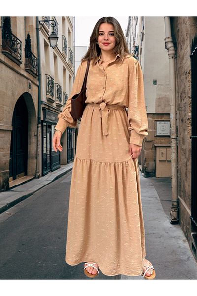 BEES JEANS Γυναικείο vintage φόρεμα με υφασμάτινο καμήλα με ζώνη μέσης με μπαλόνι μανίκι σε γραμμή Α - Κατάλληλο για Καλύμματα Ισλάμικης Χαρακτικής - 700-3550