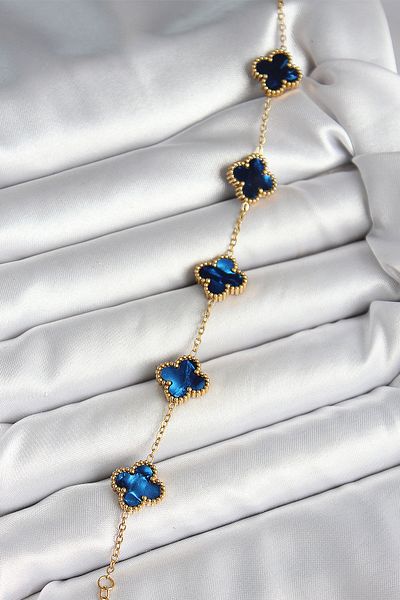 Clariss 316L Steel Pearlescent Navy Blue Gold Color Clover Women's Bracelet