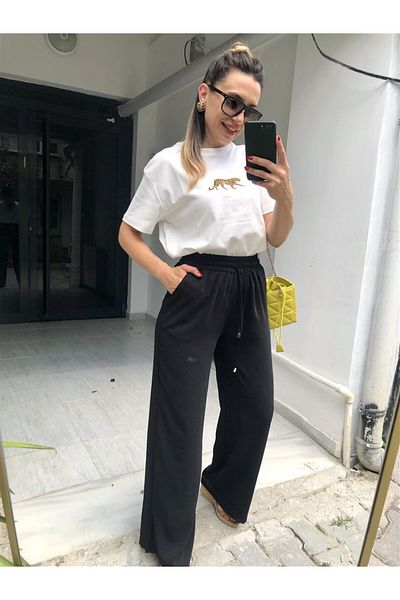 Gözde Tasarım Butik Women's Stone Color Waist Elastic Lace Pocketed Summer Baggy Pants