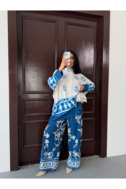 WellWay Imported Jessica Fabric Shirt & Pants 2 Piece Set-Turquoise Floral-25100