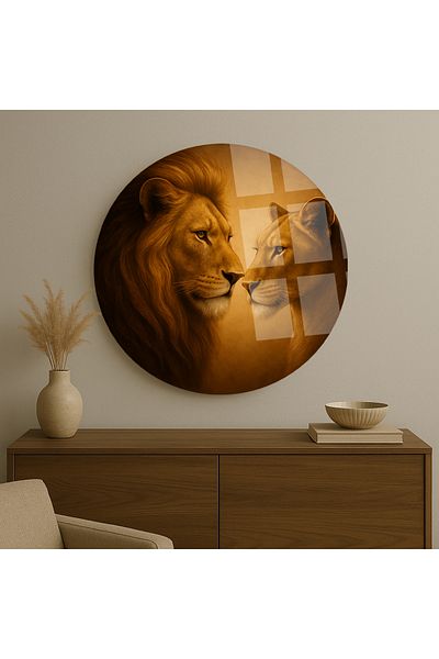 TAULART LOVED LIONS ДИЗАЙН С ЖЕНЕНИ ЛЪВОВЕ НЕЧУПЕЩА КРЪГЛА СТЪКЛЕНА МАСА ЛУКСОЗЕН ПОДАРЪК ЗА ДОМА УЛТРА ЯРКА ЦВЕТНА