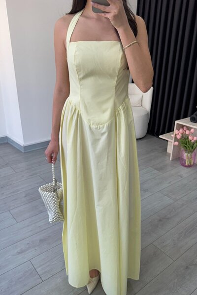 Genel Markalar BOYUNDAN ASKILI BEL DETAYLI MAXİ ELBİSE