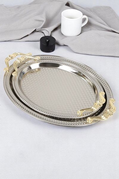 İronika Ironika 2-Piece Oval Gold Handle Tarnish-Free Tea Coffee Presentation Tray Yellow Handle Decorative Tray
