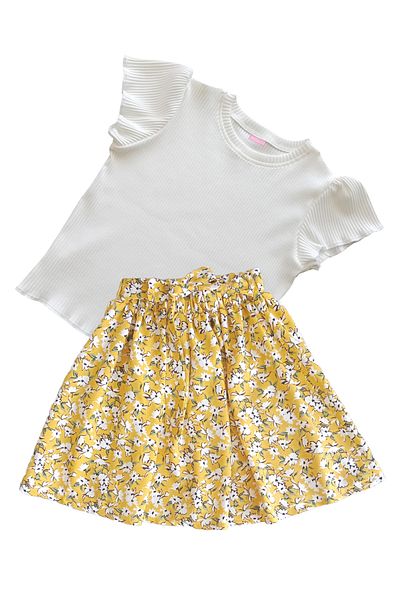 MODA59 Girl's Skirt Suit, Skirt T-Shirt Suit, Floral Skirt Twill Ecru T-Shirt