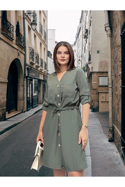 BEES JEANS Long Sleeve, Deep Shirt Collar Tie Waist Pocket Button Front, A-Line Loose Dress