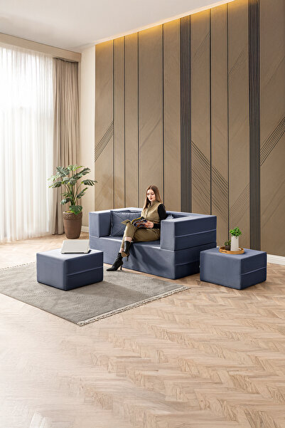 BRANNA HOME Neo Açılır Koltuk & 2 Li Puflu Uzanma Koltuğu & Çok Amaçlı Aktivite & Yatak Olabilen Lacivert