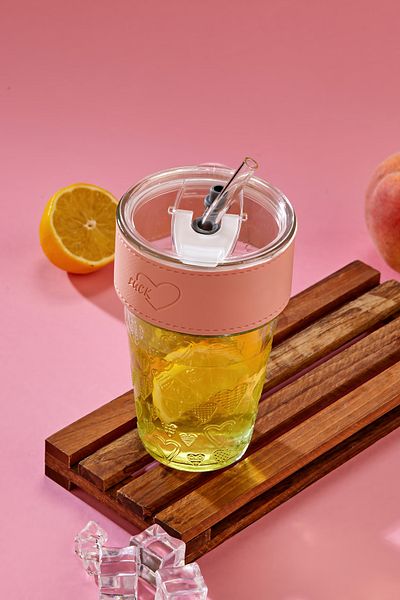 Espas Home Premium Glass Cup – Stripe Detailed, Straw, Leakproof Lid / Pink Stripe