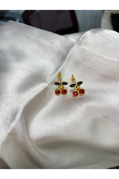 Çınar Aksesuar Red Stone Gold Color Cherry Earrings