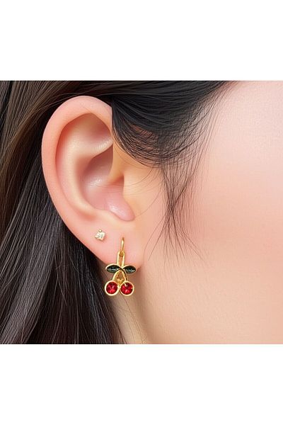 Çınar Aksesuar Red Stone Gold Color Cherry Earrings