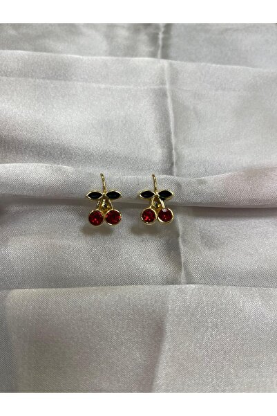 Çınar Aksesuar Kırmızı Taşlı Gold Renk Kiraz Küpeler