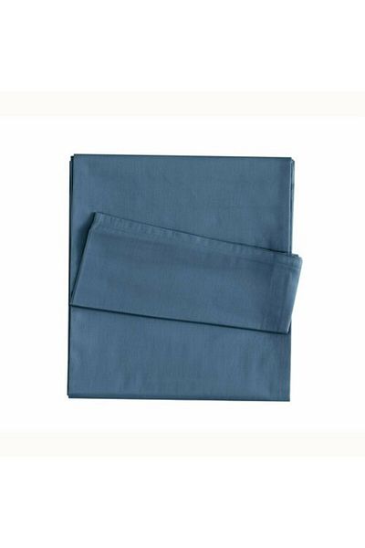 Linens مزيج وتطابق ملاءة سرير مزدوجة من القطن والساتان باللون النيلي