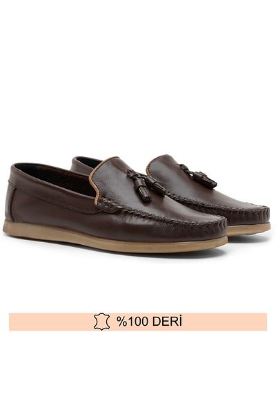 Fine Ayakkabıcılık Genuine Leather Brown Men's Tasseled Summer Shoes 39-45