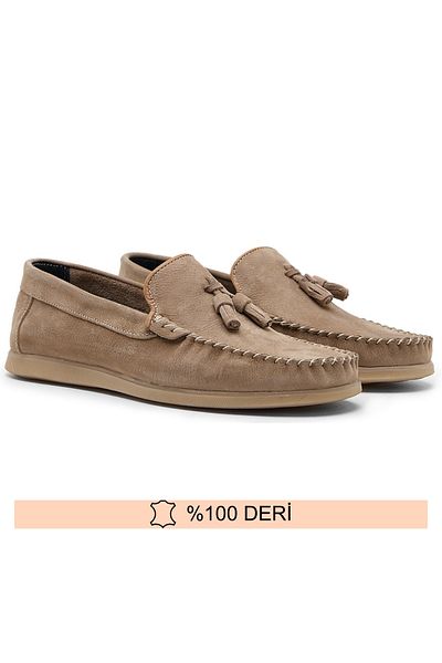 Fine Ayakkabıcılık Genuine Leather Sand Beige Men's Tasseled Summer Shoes 39-45