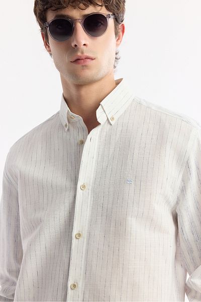 Avva Men's Navy Blue Button Collar Striped Long Sleeve Shirt A51Y2022