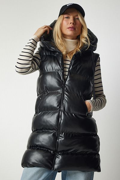 Lovelyİstanbul Vestă lungă cu glugă din piele artificială - neagră Lrv0043