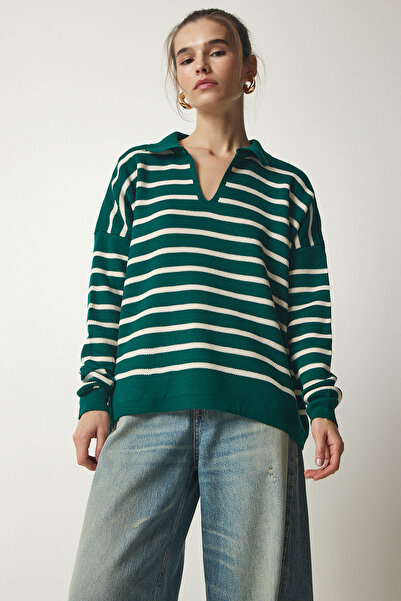 Lovelyİstanbul Pulover de tricotaj cu gât polo verde închis - Lus0005