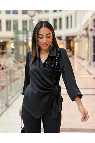 sunfyre بلوزة نسائية من الساتان بياقة على شكل حرف V وأكمام مطاطية وشبه مطرزة