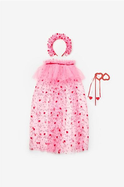 Le Mabelle Pink Flock Heart Printed Girl's Cape, Staff and Crown Set