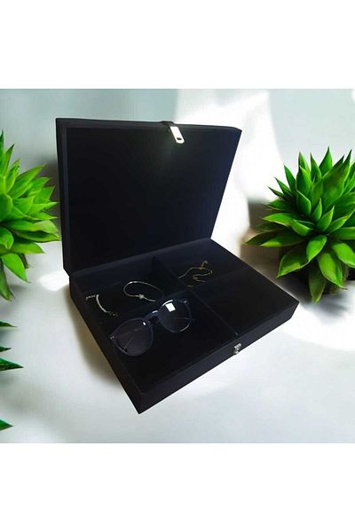 Adalinhome Four Compartment Accessory Jewelry Wooden Box with Leather Overlay Black