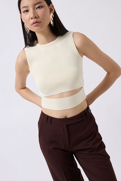 Black Fashion Ecru Knitwear Blouse - Window Detailed