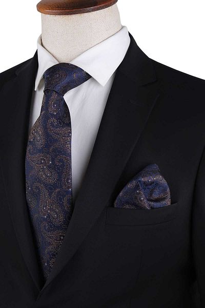 Kravatkolik Navy Blue Paisley Pattern Classic Tie with Handkerchief Kk13118