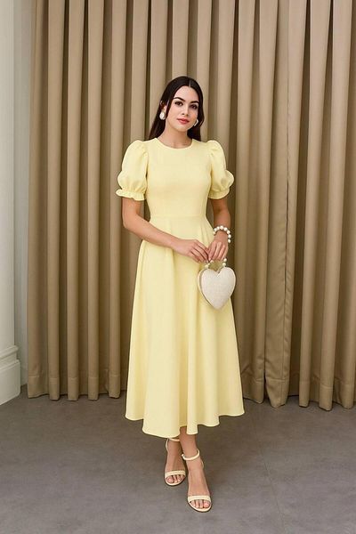 mafdress Women's Yellow Crepe Fabric Watermelon Sleeve Evening Dress