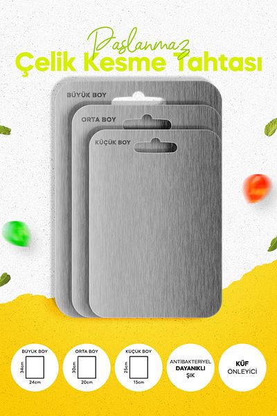 SUWAL Set of 3 Stainless Steel Cutting Boards – Hygienic, Stylish Design |   Suitable for Dishwasher