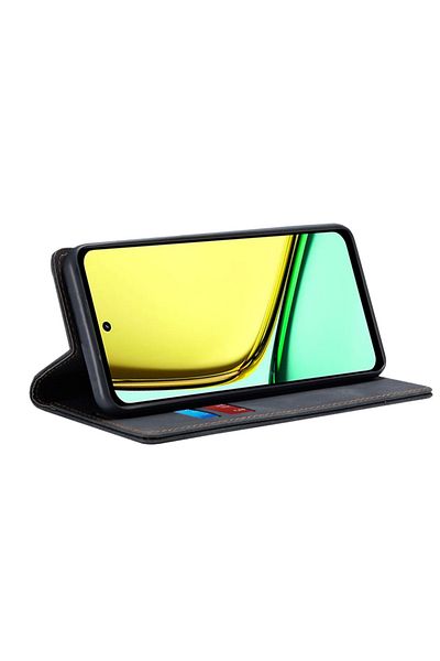 SKYDDAR INNOVATION Husă pentru Realme C67 4G, portofel moale, piele ecologică premium, tip card, neagră, set de autocolante